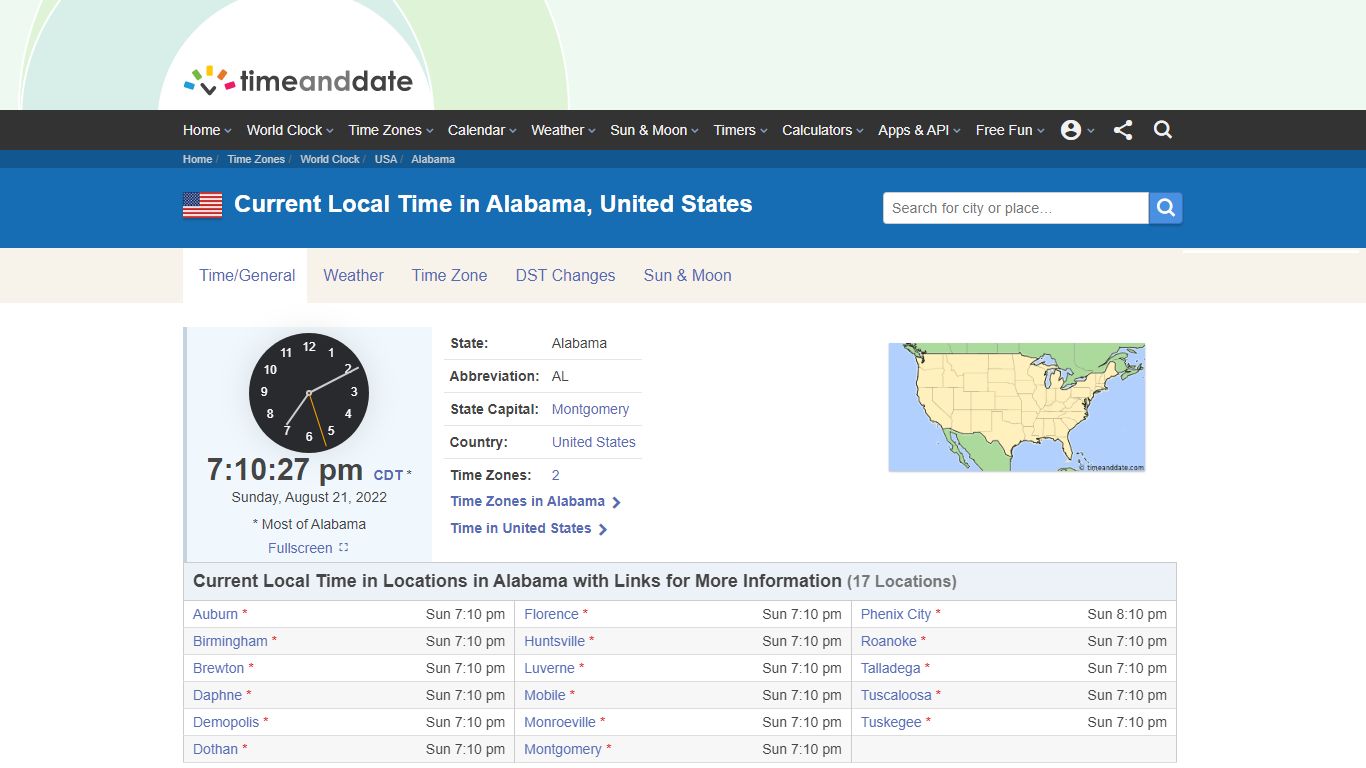 Time in Alabama, United States - Time and Date