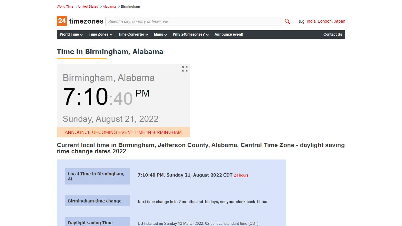 Current local time in Birmingham, Alabama - 24timezones.com